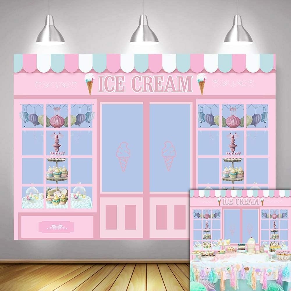 7x5FT Ice Cream Party Backdrop Cute Pink Photo Studio Parlor Door Window Cake Princess Birthday Party Banner Wallpaper