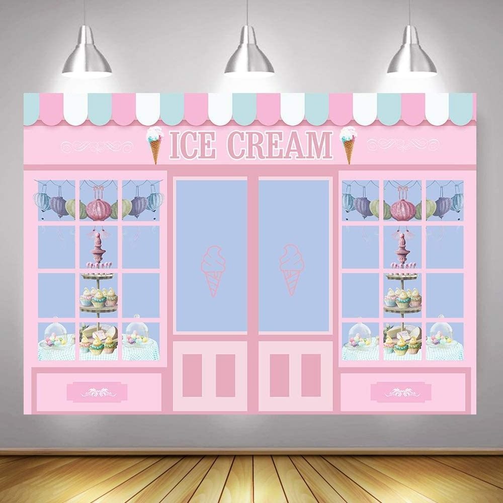 7x5FT Ice Cream Party Backdrop Cute Pink Photo Studio Parlor Door Window Cake Princess Birthday Party Banner Wallpaper