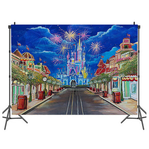 Photography Background Fairy Tale Castle Beautiful Night View Fireworks Birthday Party Backdrop Photo Studio Prop Wallpaper