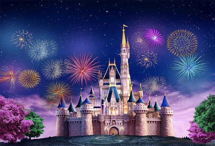 Photography Background Fairy Tale Castle Beautiful Night View Fireworks Birthday Party Backdrop Photo Studio Prop Wallpaper