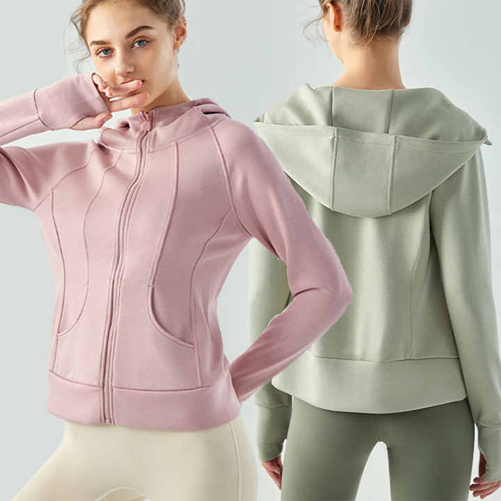 Full Zip Women's Hooded Sweatshirts Workout Sweat Jackets Slim Fit Running Yoga Track Hoodies with Thumbholes