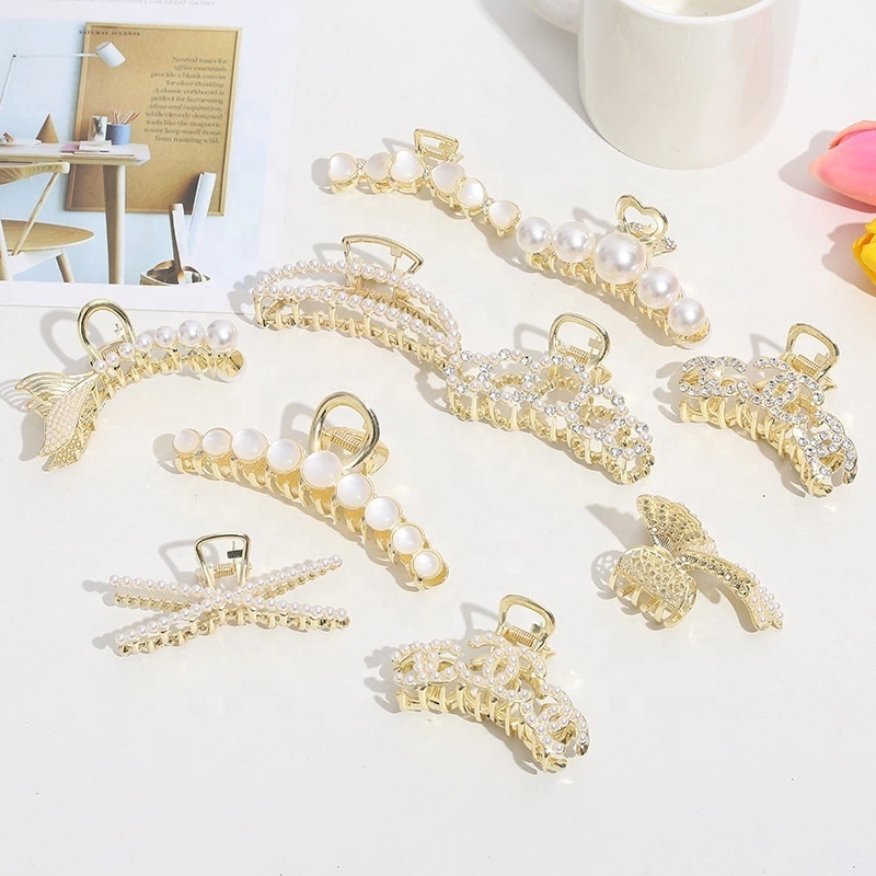 Metal pearl tiara back hair clip claw top clip simple style ponytail hair claw