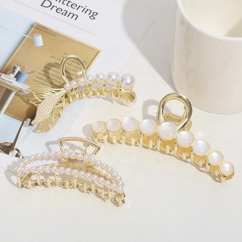 Metal pearl tiara back hair clip claw top clip simple style ponytail hair claw