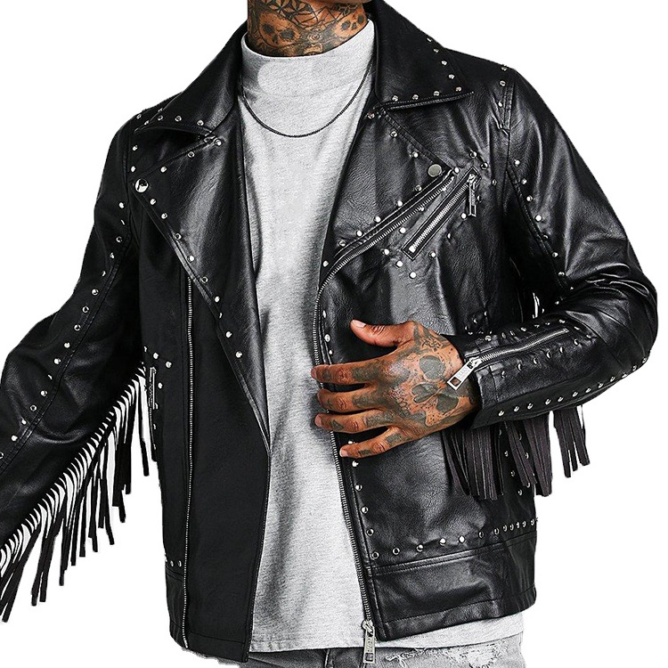 Men Clothing Top Design Casual Wears Leather Jackets Custom With Studded Fringe Details Stylish Biker Jackets For Men