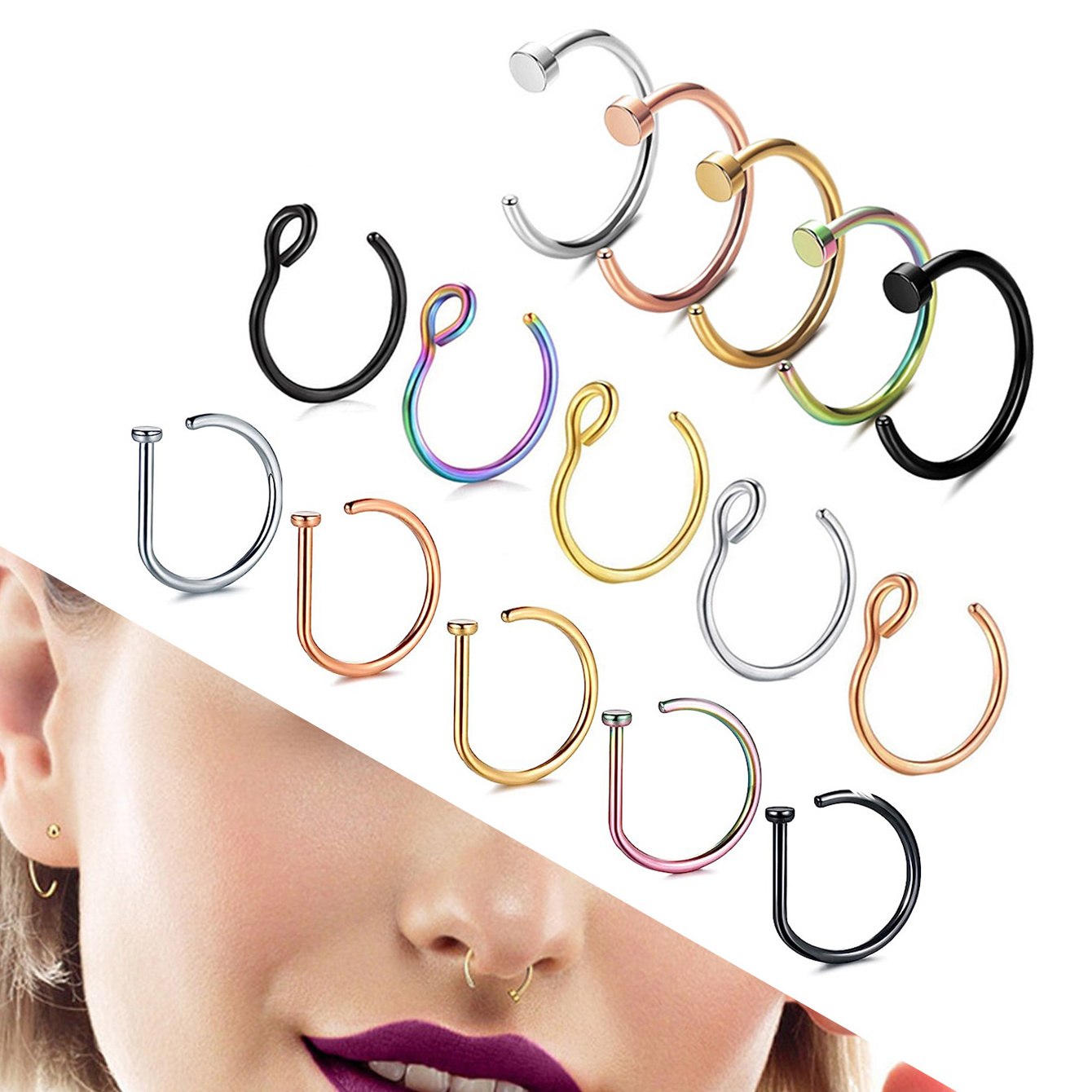 Hiphop/RockImplant Grade Open Stainless Steel C D Shape  G rings Nose Piercing Jewelry Nose Ring for women