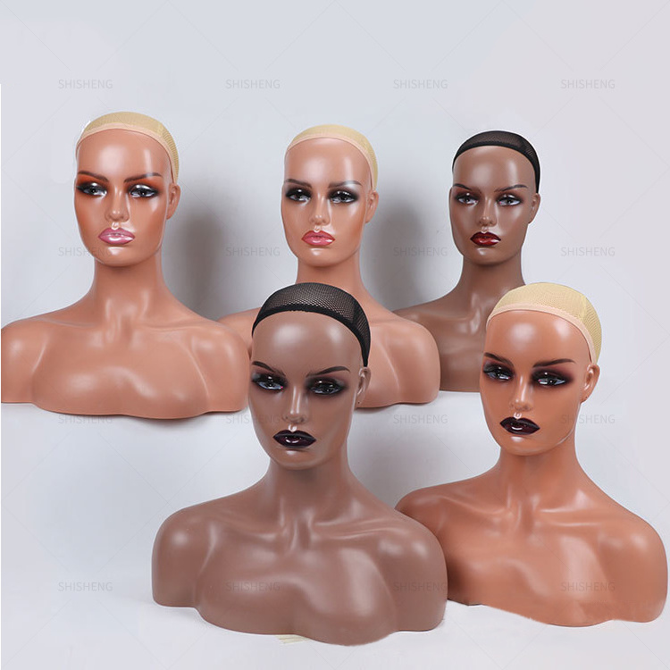 SHI SHENG Wholesale Realistic African American Eyelid Female Mannequin PVC Head With Shoulders for Wig Display