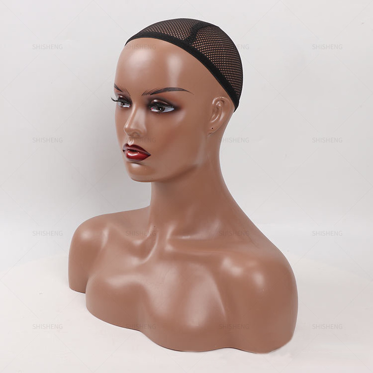 SHI SHENG Wholesale Realistic African American Eyelid Female Mannequin PVC Head With Shoulders for Wig Display