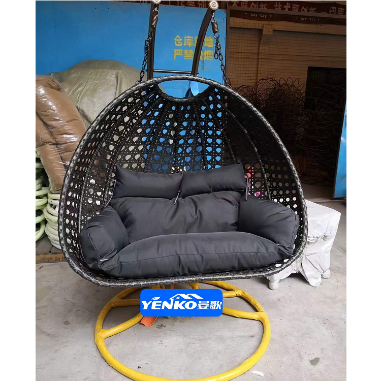 Double Rattan Hanging Egg Chair With Stand Patio Swings Rocking Basket Hammock Chair Balcony Courtyard Garden Outdoor Furniture