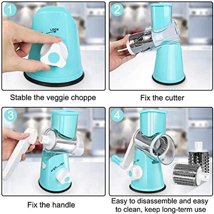 Round Mandoline Slicer Nuts Grinder Rotary Cheese Grater with 3 Stainless Steel Drum Blades