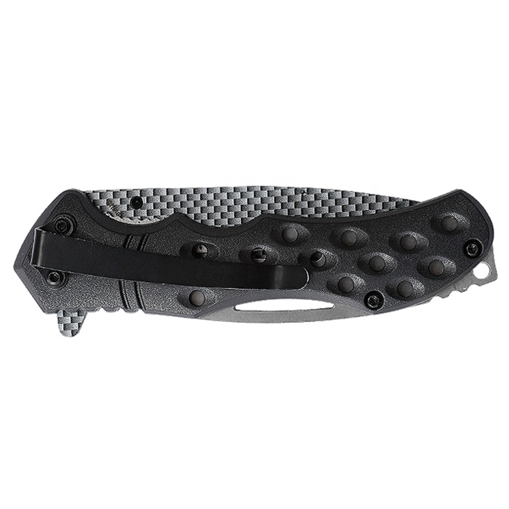 Carbon Fiber Pattern Serrated Drop Point Blade Thumb Stud Flipper Open Pocket Clip Vented Handle Folding Knife with Lanyard Hole