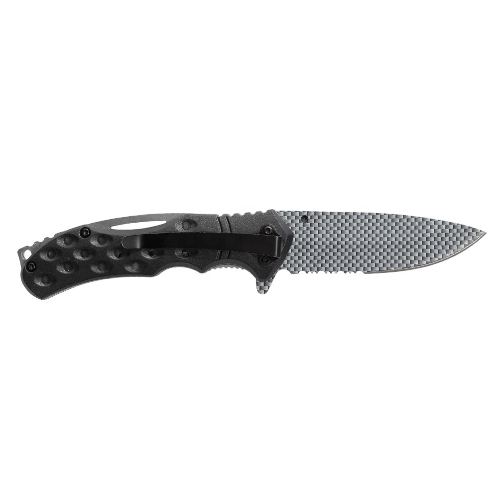 Carbon Fiber Pattern Serrated Drop Point Blade Thumb Stud Flipper Open Pocket Clip Vented Handle Folding Knife with Lanyard Hole