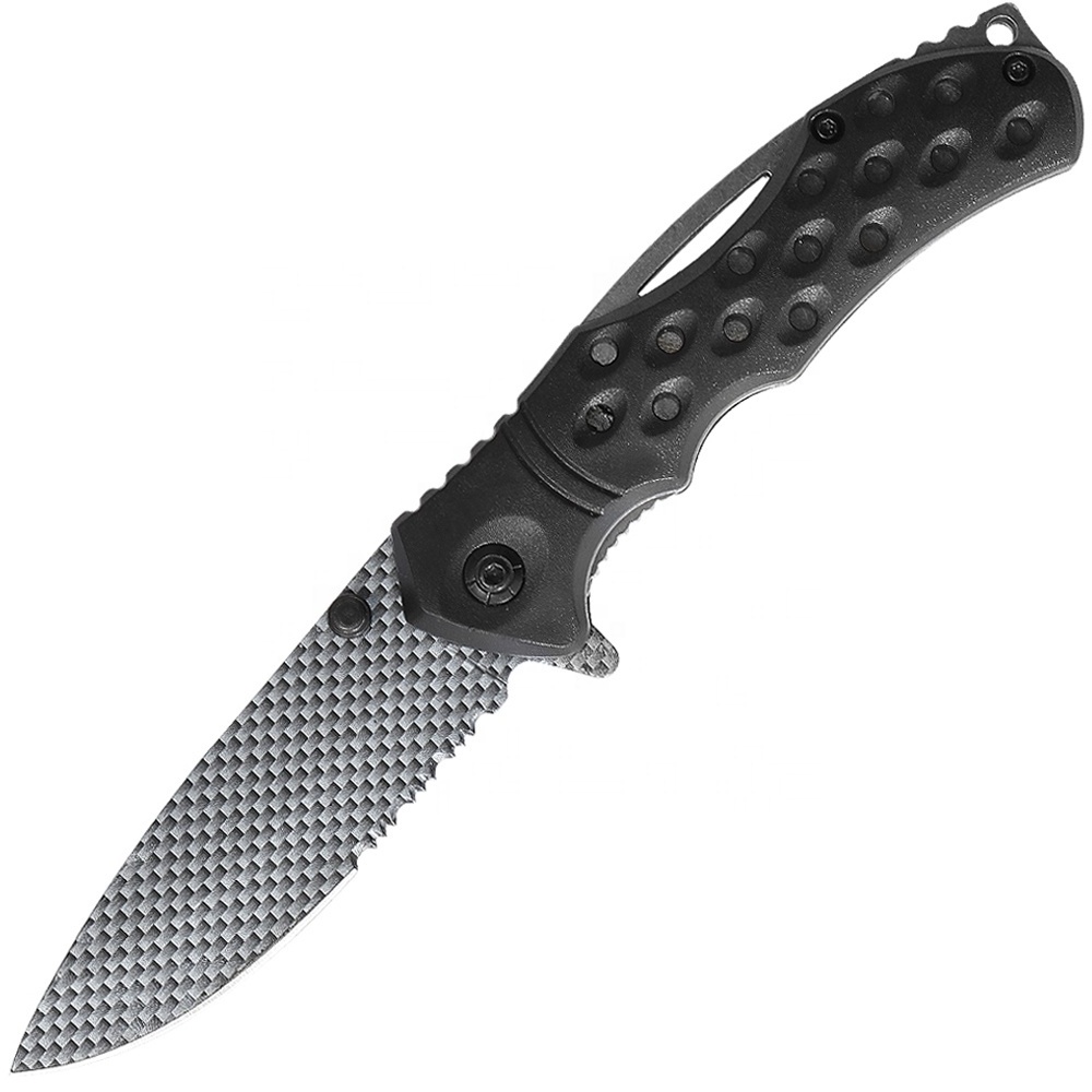 Carbon Fiber Pattern Serrated Drop Point Blade Thumb Stud Flipper Open Pocket Clip Vented Handle Folding Knife with Lanyard Hole