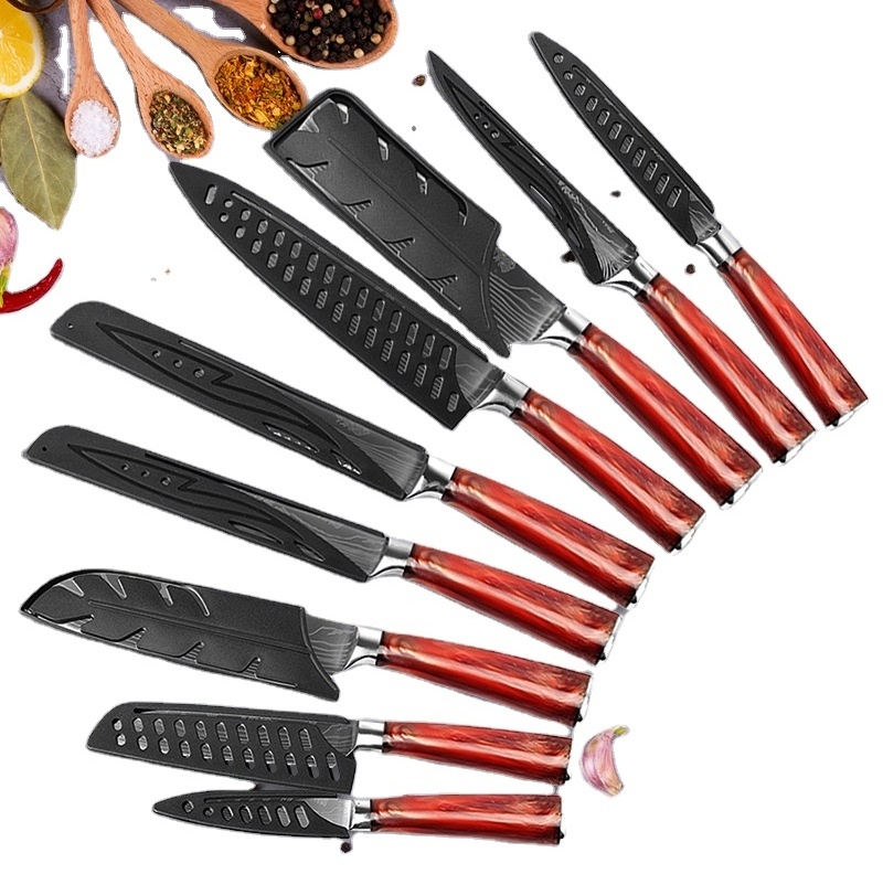 Yangjiang 9-Piece Cooking Knife Set 4Cr13 Stainless Steel with Damascus Large Wave Resin Handle Kitchen Knife Type