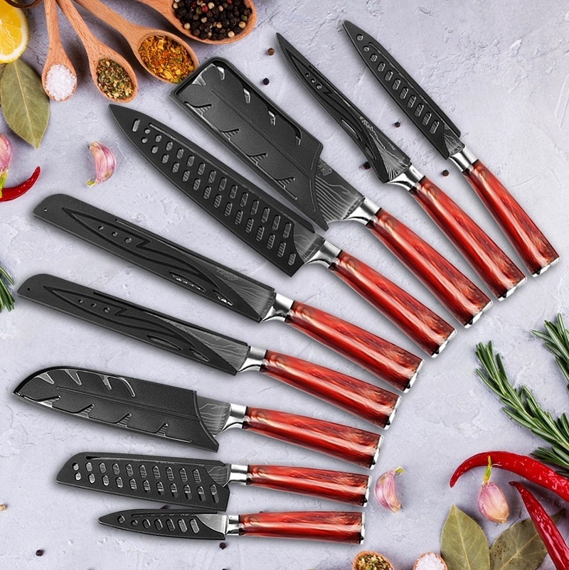 Yangjiang 9-Piece Cooking Knife Set 4Cr13 Stainless Steel with Damascus Large Wave Resin Handle Kitchen Knife Type