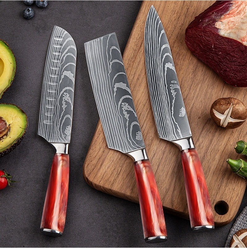 Yangjiang 9-Piece Cooking Knife Set 4Cr13 Stainless Steel with Damascus Large Wave Resin Handle Kitchen Knife Type