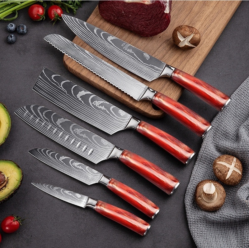 Yangjiang 9-Piece Cooking Knife Set 4Cr13 Stainless Steel with Damascus Large Wave Resin Handle Kitchen Knife Type