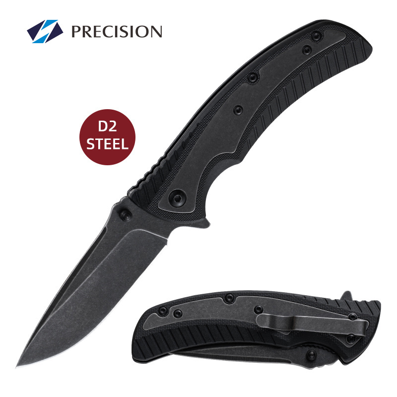 PRECISION 4.75 Inch Black G10 Handle Best Selling D2 Tactical Knife Outdoor Survival Folding Pocket Knife