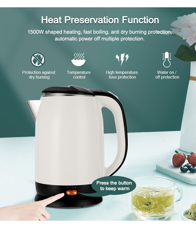 New black and white stainless steel 1500W tea making machine insulation electric kettle 2L