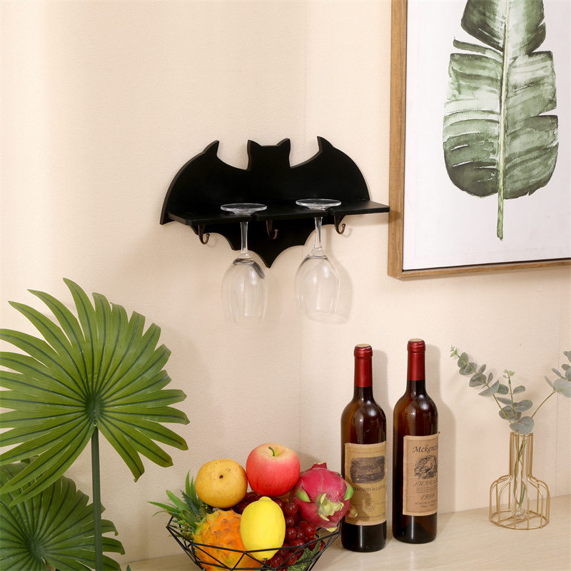 Vintage Black Bat Shape Wall Mounted Wooden Wine Glass Holder Coffee Cup Storage Rack