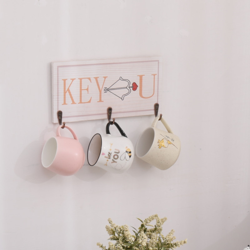 Multifunctional Wooden Wall Hanging Key Holder 3 Hooks Cup Organizer Storage Holder