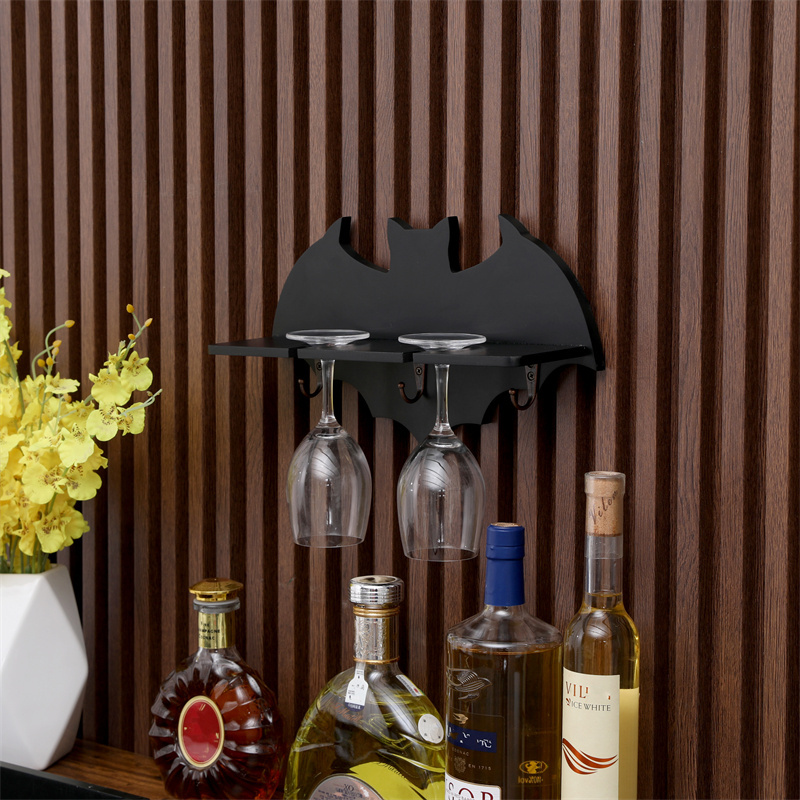 Vintage Black Bat Shape Wall Mounted Wooden Wine Glass Holder Coffee Cup Storage Rack