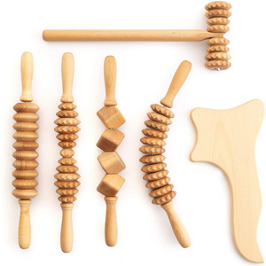 Wooden Gua Sha Tools Accessories Anti Cellulite Massage Set Wooden Roller Lymphatic Drainage Tool