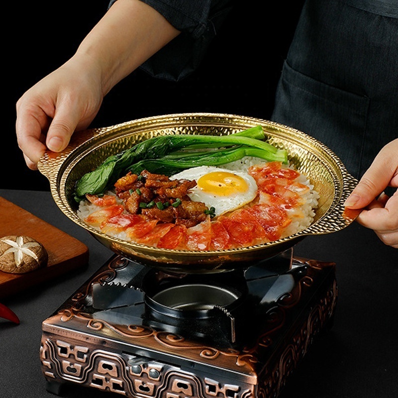 New Trend Stainless Steel Hammered Gold Round Seafood Paella Pan With Double Handle