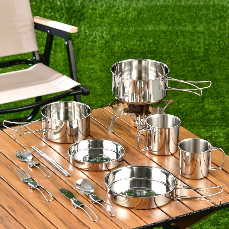 Hot Style 304 Stainless Steel Portable Outdoor Cookware Set Camping Pots and Pans With Folding Handle