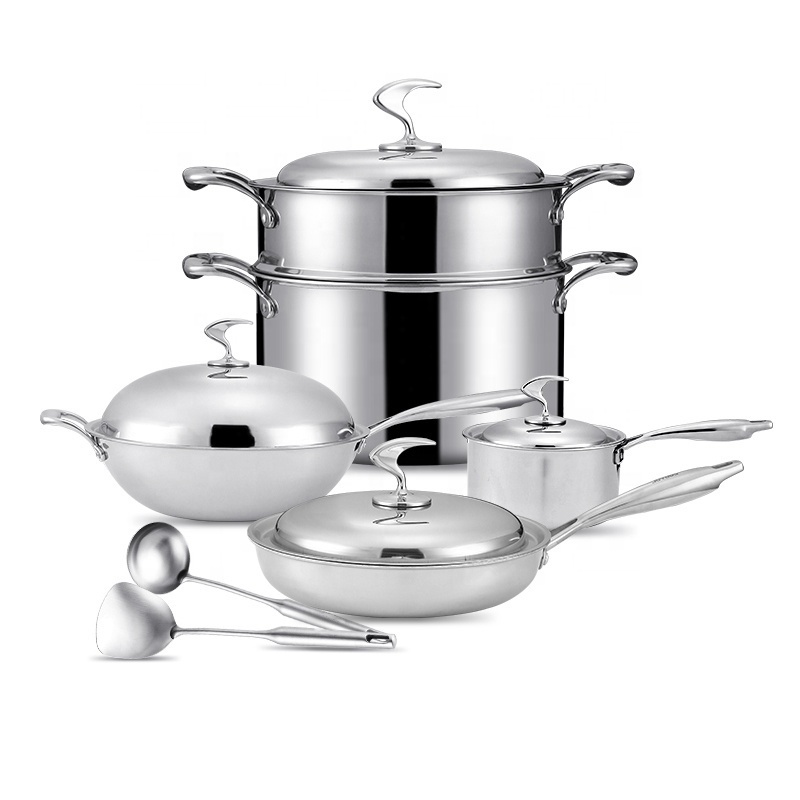 Hot Selling Luxury Triply Stainless Steel 11-Piece Cookware Set Modern Non-Stick Pots And Pans for Home Kitchen