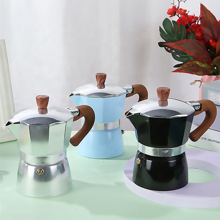 Popular Wholesale Stainless Steel Espresso Moka Pot Portable Stovetop Italian Coffee Maker with Wooden Handle