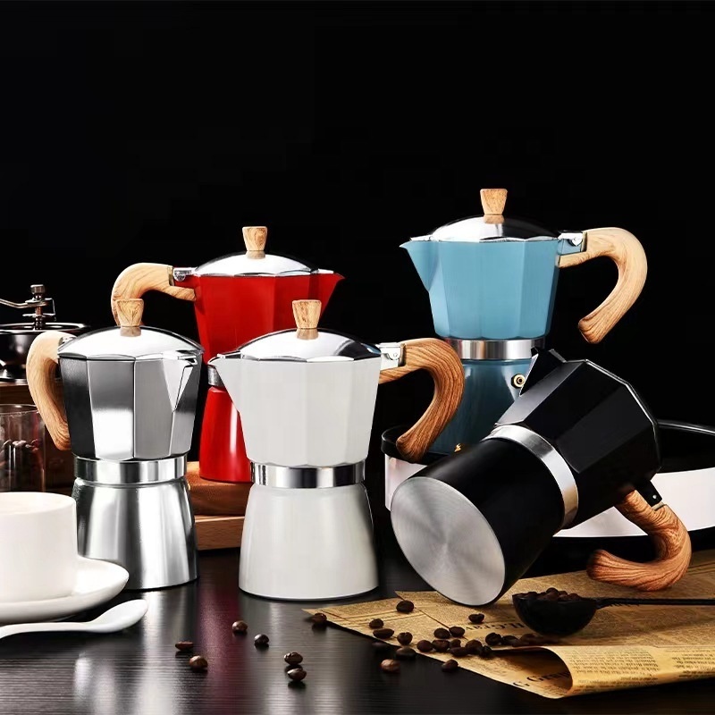 Popular Wholesale Stainless Steel Espresso Moka Pot Portable Stovetop Italian Coffee Maker with Wooden Handle