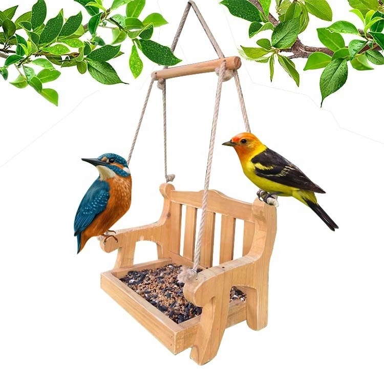 Home Garden Wooden Wild Bird Feeder Chair Swing Feeder for Outside or Squirrel Humming Bird Cage Draining Metal Bird Feeder