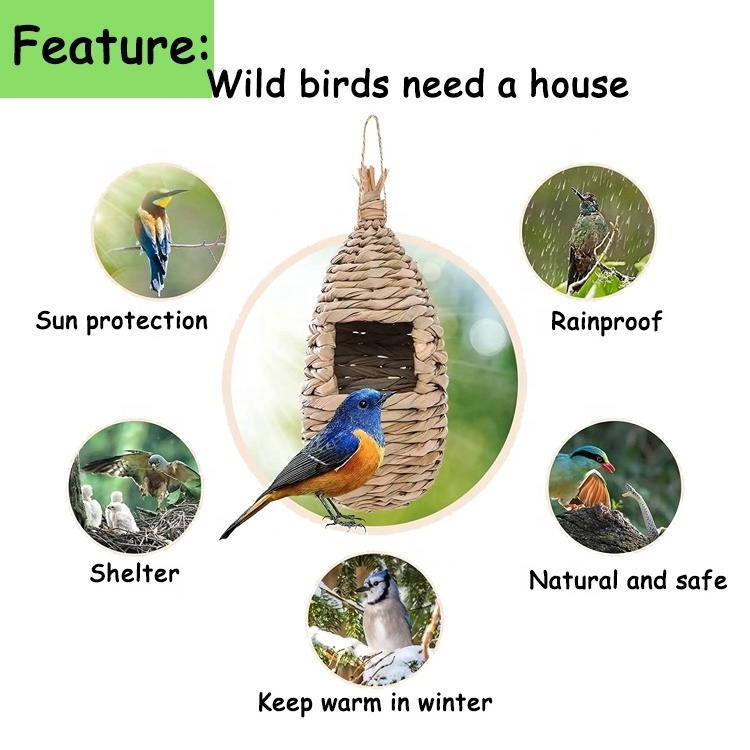 Humming Bird Houses for Outside Hanging Natural Grass Hut Hand Woven Hummingbird Nest for Garden Window Outdoor Home Decoration