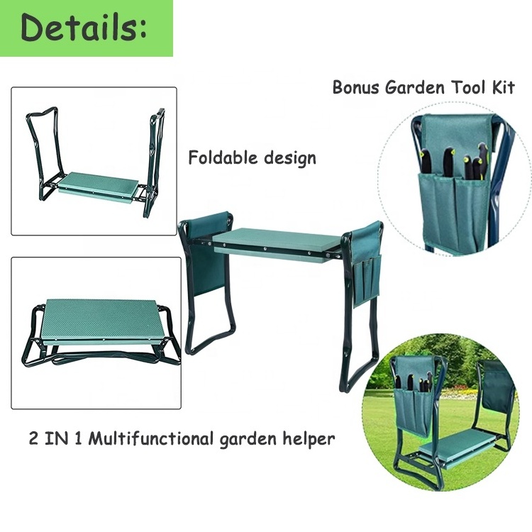 Garden Kneeler and Seat with Tool Bag Pouch Portable Lightweight Garden Bench EVA Foam Pad Sturdy Steel Pipe with Garden Tools