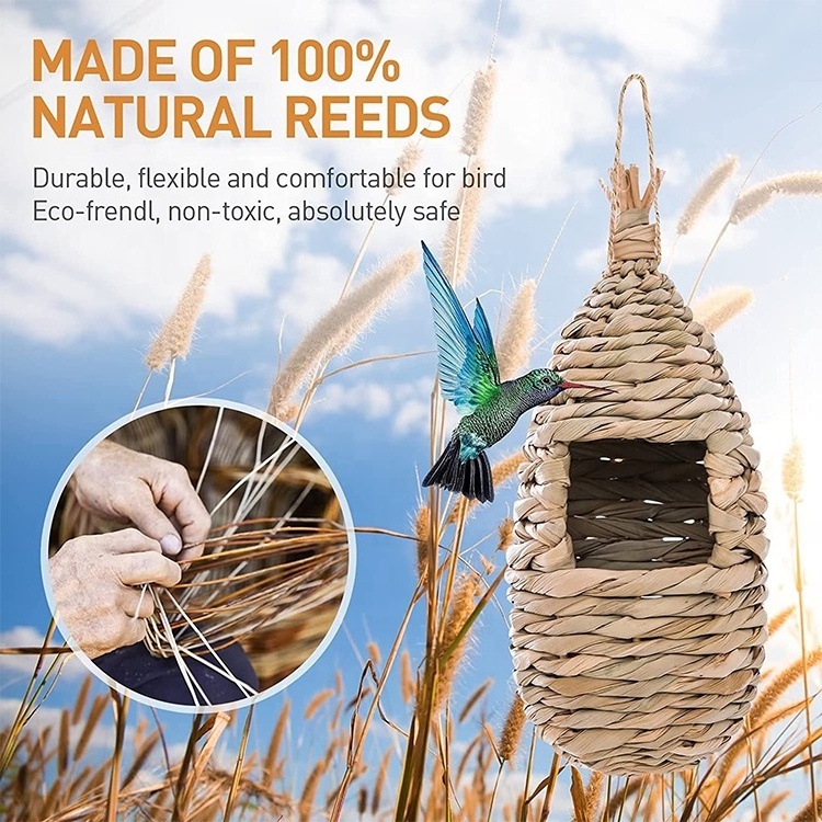 Humming Bird Houses for Outside Hanging Natural Grass Hut Hand Woven Hummingbird Nest for Garden Window Outdoor Home Decoration