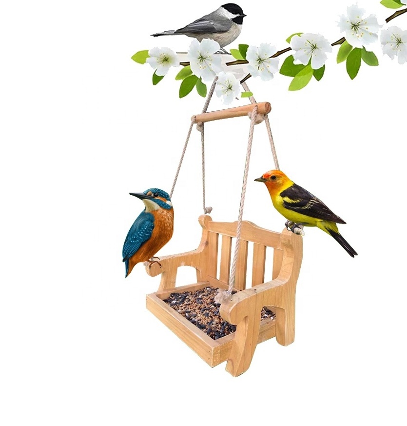 Home Garden Wooden Wild Bird Feeder Chair Swing Feeder for Outside or Squirrel Humming Bird Cage Draining Metal Bird Feeder