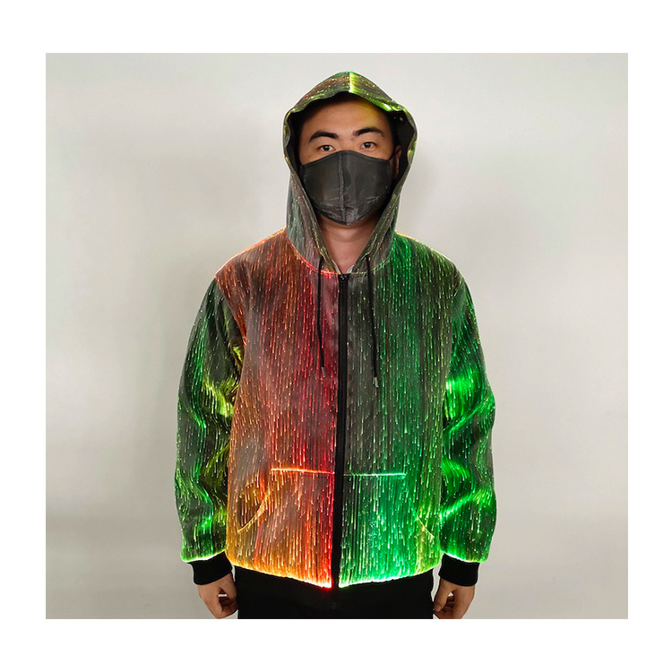 fashion fiber optic luminous long sleeve hoodie jacket growing in the dark for event performance party with multi colors