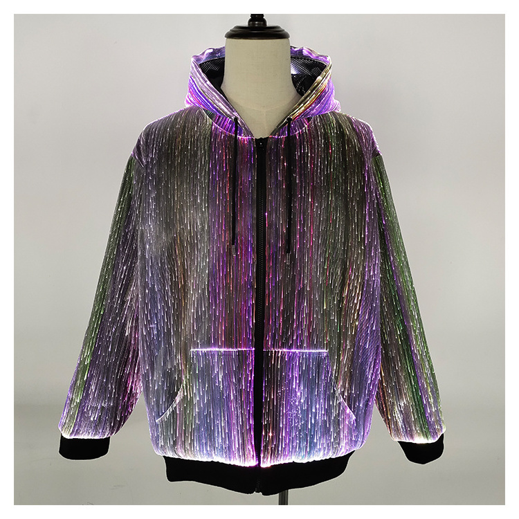 fashion fiber optic luminous long sleeve hoodie jacket growing in the dark for event performance party with multi colors