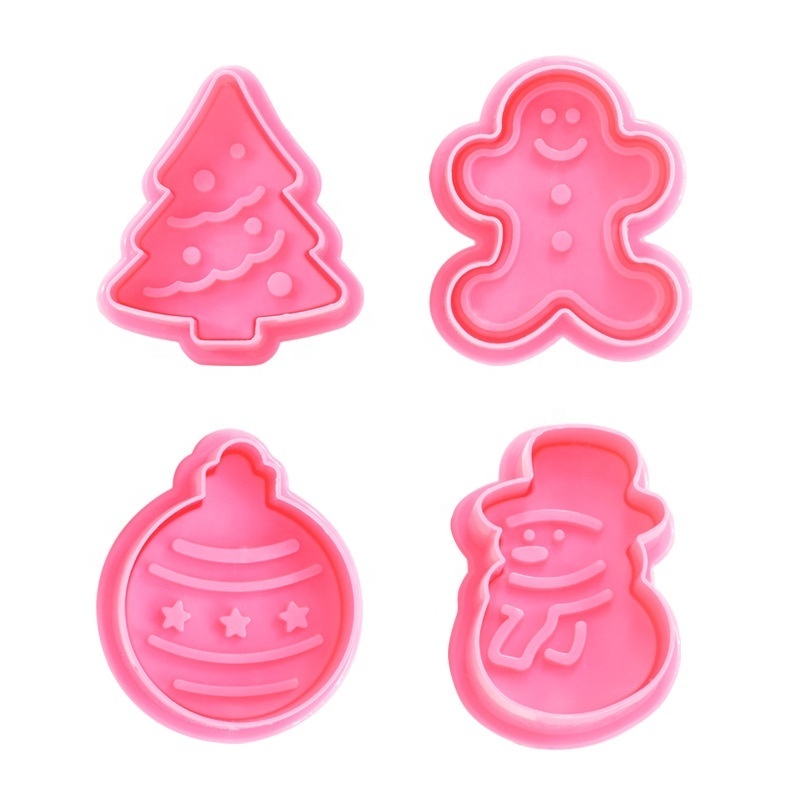 Hot Selling 4Pcs Christmas Plunger Cookie Cutter Set Christmas Tree Gingerbread Man Bell Snowman Fondant Cutter Sets