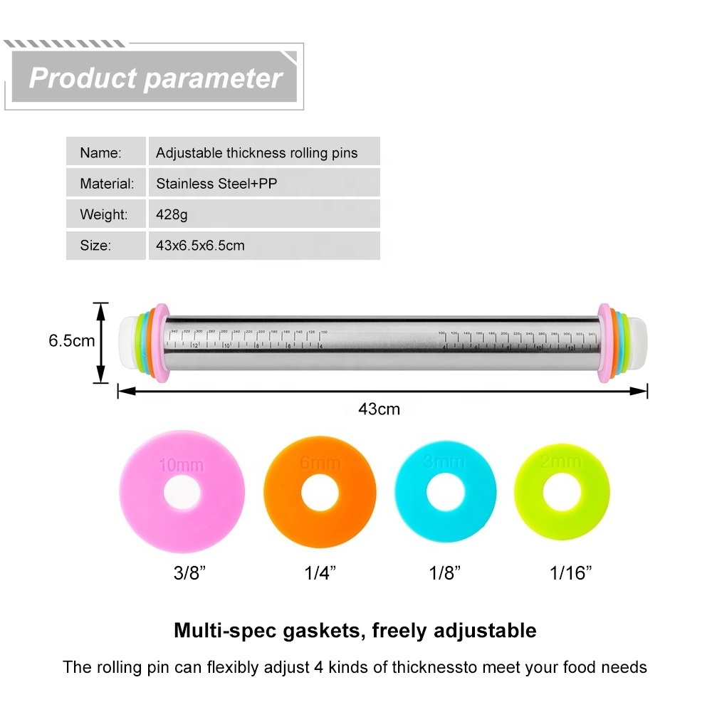 Kitchen Utensils Stainless Steel Adjustable Rolling Pin With Removable Thickness Rings