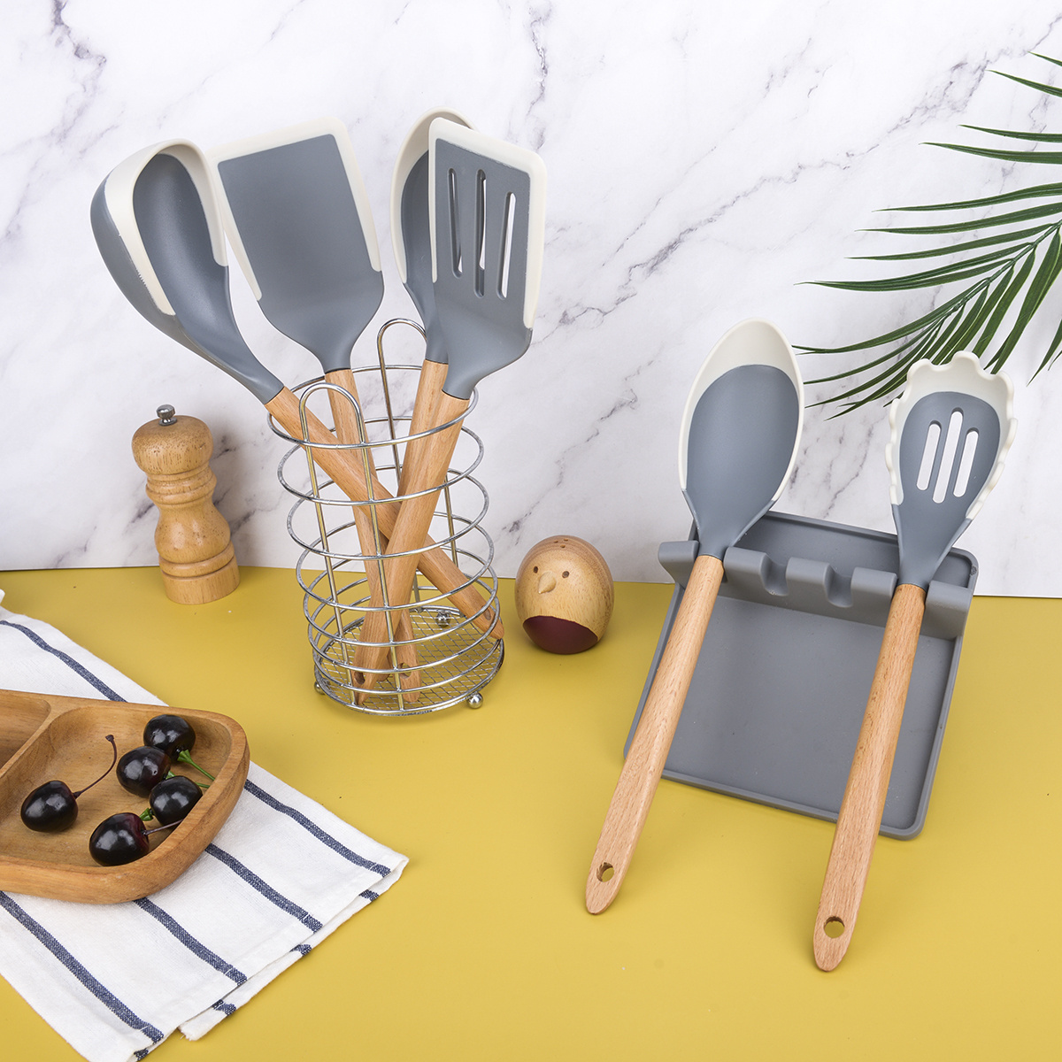 Wholesale Custom Kitchen Accessories Plastic Utensils Sets Household Tools Silicone Edge Cooking Utensil Set