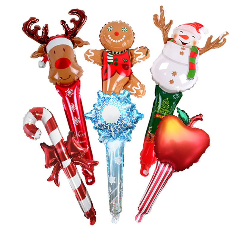 New Product 24-Inch Christmas Inflatable Crutch Elk Head Gingerbread Man Snowman Santa Claus Handheld Foil Balloon Manufacturer