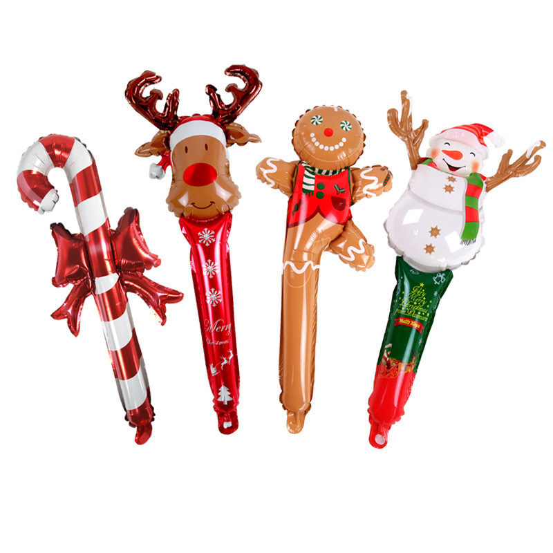 New Product 24-Inch Christmas Inflatable Crutch Elk Head Gingerbread Man Snowman Santa Claus Handheld Foil Balloon Manufacturer