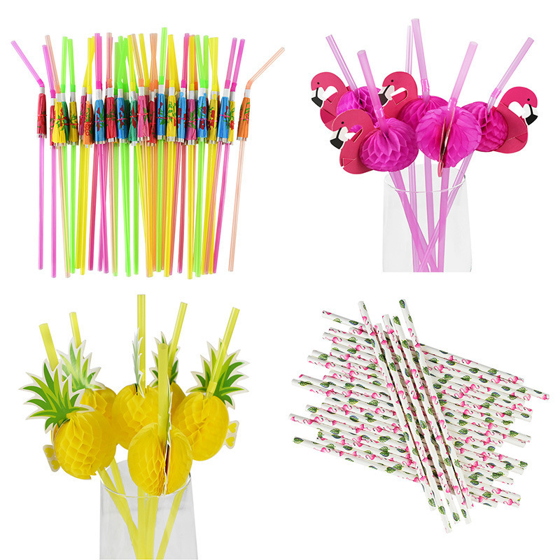 Disposable Hawaiian Cocktail Umbrella Straw Flamingo Pineapple Juice Drinking straw Luau Party Decorations Bendable Straw