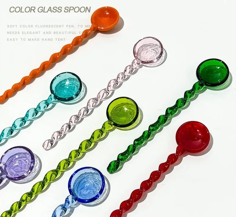 Colored Long Handle Heat Resistant Candy Glass Stirring Spoons for Sugar Tea Coffee Cocktail Milk Cold Drink Glass Ice Spoon