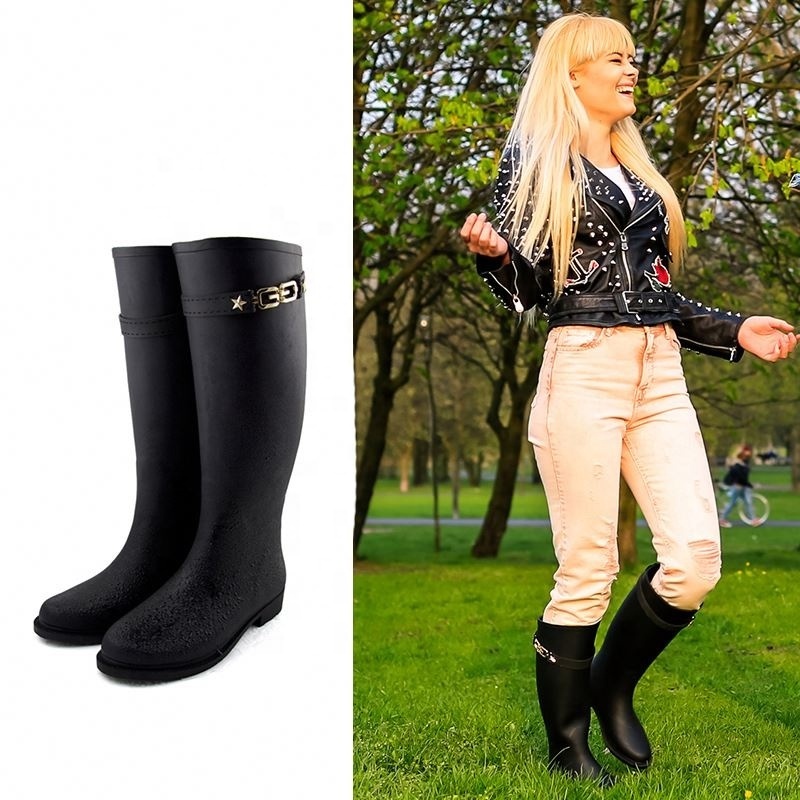 Lapps Custom Black Knee High Reusable Waterproof Anti-Slip Long Heels Women Shoes Wellies Rain Gum Boots With Lining