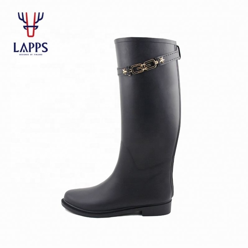 Lapps Custom Black Knee High Reusable Waterproof Anti-Slip Long Heels Women Shoes Wellies Rain Gum Boots With Lining