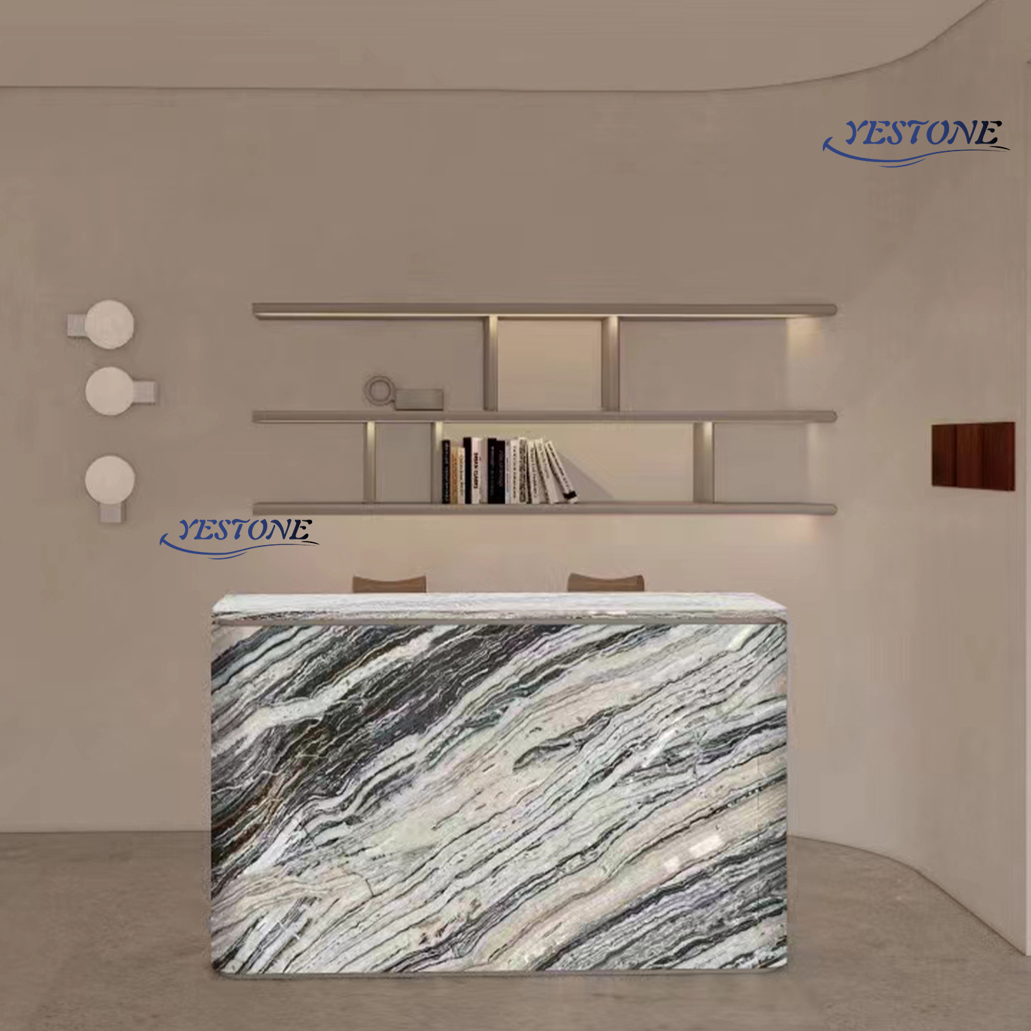 Yestone oem beauty solid surface nature stone reception desk office building marble reception desk blue and white marble