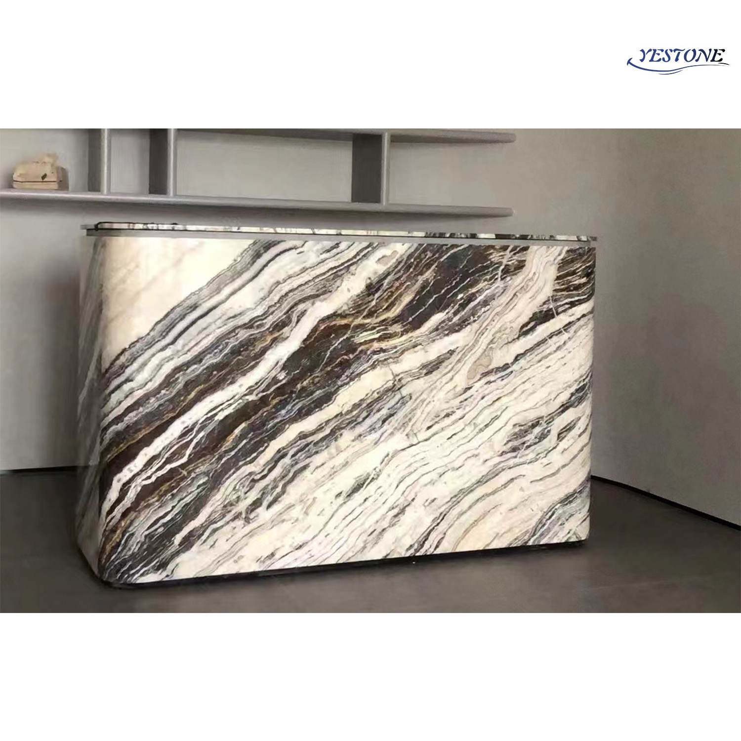 Yestone oem beauty solid surface nature stone reception desk office building marble reception desk blue and white marble