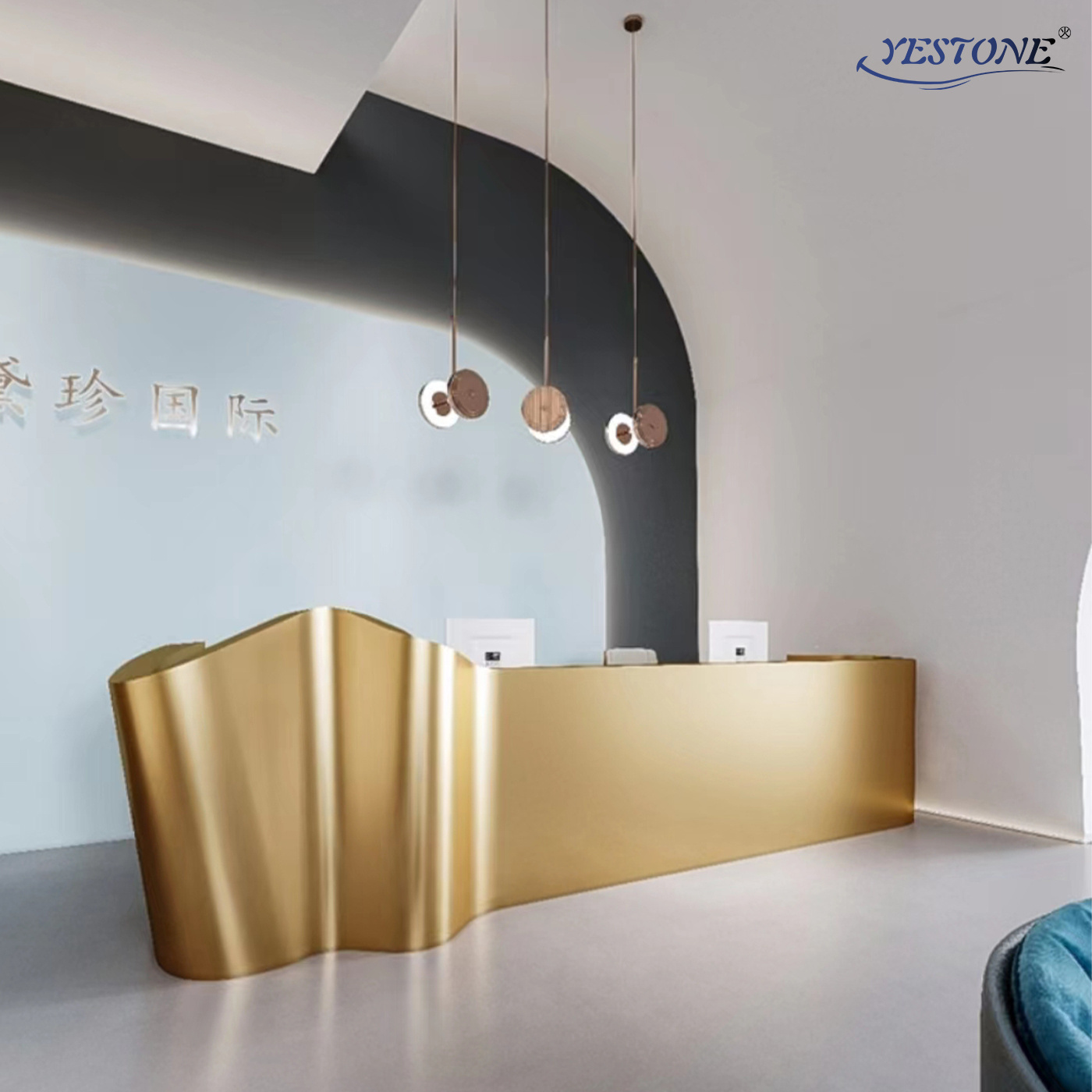 Yestone i shape comptoir caisse magasin granite reception desk reception desk beauty salon stainless steel gold reception desk